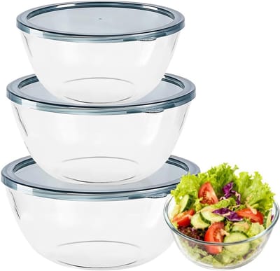 Dailygoods - Glazen Mengkom met Deksel - Set van 3 voor Keuken en Koken