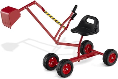 COSTWAY Graafmachine 360° draaibaar, graafmachine om erop te zitten, metaal, met schep en wielen, graafmachine, zandbak, graafmachine voor kinderen vanaf 3 jaar, rood