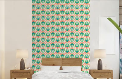 Behang - Fotobehang Retro - Bloemen - Design - Groen - Oranje - Breedte 140 cm x hoogte 220 cm