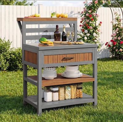 Tuinkast Hout - Buitenkast Grillstation - Buiten Koken - Roestvrij Staal Werkblad - 80x72.5x123cm - Natuurlijk Hout