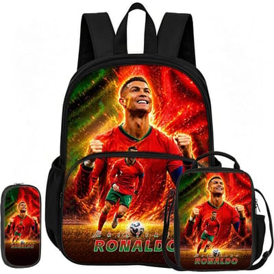 Leer, Reizen Voetbalster Schooltas Ronaldo 3 Delige set met Voorvak Rugzak Lunchtas, Etui, Sportrugzak