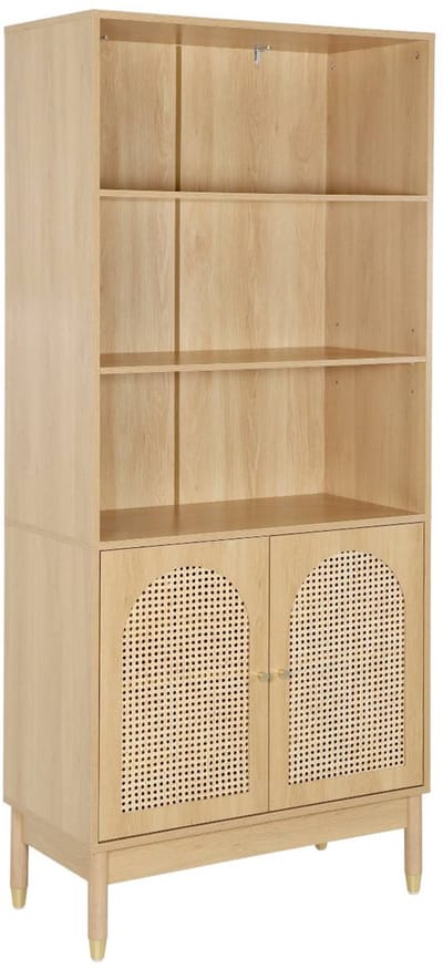 sweeek - Boekenkast houteffect en rotan 4 niveaus 2 deuren - 80 x 40 x 178 cm - judith