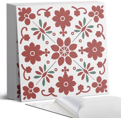 Coloray Plaktegels - Bloemenpatroon met bladeren Portugese Tegels - 30 cm x 30 cm - Rood Plaktegels - 9 stuks - Vierkant PVC Tegels - Plaktegels Keuken - Zelfklevende Vloertegels - Vinyl Tegels - Zelfklevende Tegels