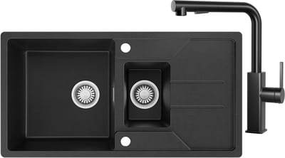 CECIPA max Spoelbak Met Kraangat - Granieten Keuken 86x45CM - 1.5 Spoelbak Keuken Met L-Vorm Keukenkraan - Met Afdruiprek en Waterafvoersysteem - 80% Kwarts Zand Spoelbak Keuken - Zwart