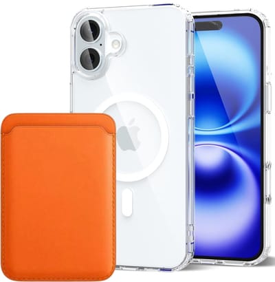 Shockproof Anti Shock Back Cover Hoesje Compatibel met MagSafe Geschikt voor: Apple iPhone 16 Plus met Magnetische Pasjeshouder - Oranje