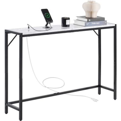 VEVOR Marmeren consoletafel, moderne lange haltafel (110 cm) met stopcontact, dunne bijzettafel met ijzeren buizen, anti-kantel- en driehoekige steun voor woonkamer, hal en entree