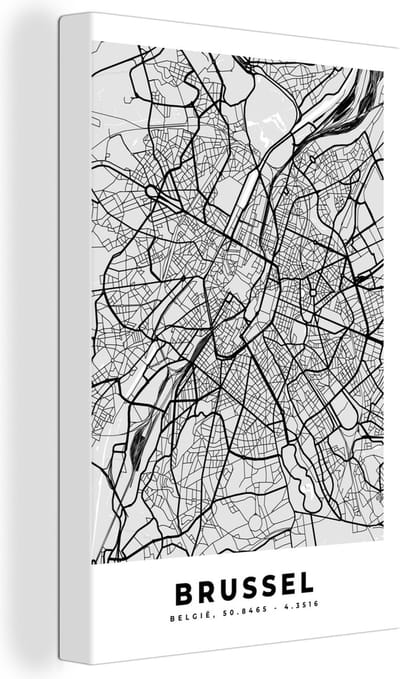 Canvas Schilderij België – Brussel – Stadskaart – Kaart – Zwart Wit – Plattegrond - 20x30 cm - Wanddecoratie