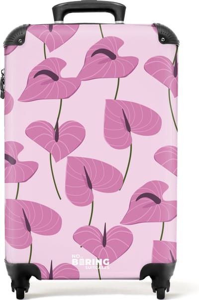 NoBoringSuitcases.com® - Handbagage koffer lichtgewicht - Reiskoffer trolley - Roze met paarse bladeren - Rolkoffer met wieltjes - Past binnen 55x40x20 en 55x35x25