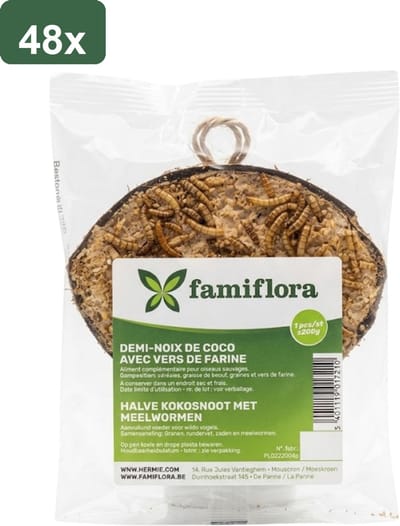 Famiflora Halve Kokosnoot Gevuld - 48 stuks (9.6KG) - Buitenvogels - Met Meelwormen - +/- 200g per stuk - Voor tuinvogels - 100% Natuurlijke houder - Verrijkt met meelwormen - Direct op te hangen