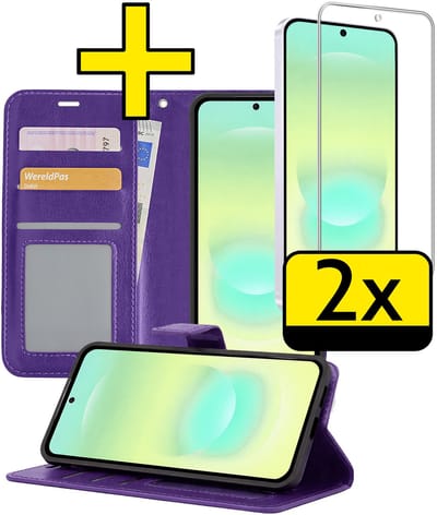Hoesje - Met 2x Screenprotector - Geschikt voor Samsung Galaxy A37 - Luxe Pasjeshouder - Bookcase Portemonee - Flip Case - Kunstleer Book Case - Flipcase Hoes - Book Cover - Walletcase - Portemonneehoes - Telefoonhoesjes - Paars