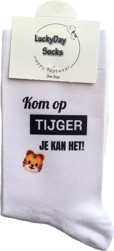 Kom op Tijger je kan het - Love - Hou van je - Verjaardag - Sterkte - Succes -Valentijns cadeau - Sokken met tekst - Witte sokken - Cadeau voor vrouw en man - Kado - Sokken - Verjaardags cadeau voor hem en haar - Verliefd - Vaderdag - Moederdag - Luc