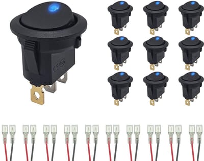 ProRide Wipschakelaar ON-OFF KCD2-12 - met Aansluitkabels - 3 pins - Rond - 12V/20A - LED indicator Blauw - 10 stuks