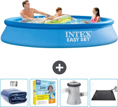 Intex Rond Opblaasbaar Easy Set Zwembad - 305 x 61 cm - Blauw - Inclusief Solarzeil - Onderhoudspakket - Zwembadfilterpomp - Solar Mat