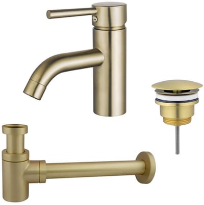 FugaFlow Eccelente Sobrado Badkamer Wastafelkraanset - lage wastafelkraan - always open plug - verlaagde design sifon - PVD Geborsteld Messing