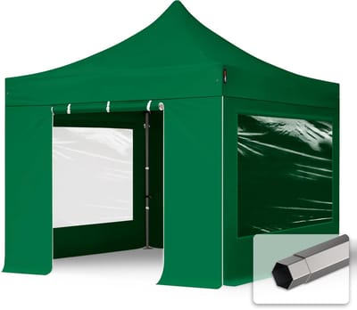 3x3 m Easy Up partytent Vouwpaviljoen, PREMIUM staal 40mm met zijwanden (panorama), donkergroen