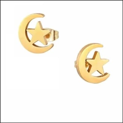 Aramat Jewels | Oorbellen | RVS Oorbellen Maan en Ster 10mm - Celestial Oorstekers | Goudkleur-10mm | |9mm | Staal | Kinderen, Volwassenen | Verkleurd niet