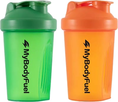 MyBodyFuel - Shakebeker - 400 ml - met mixfilter - Groen en Oranje - Set van 2 - Proteïne Shaker - BPA-vrij
