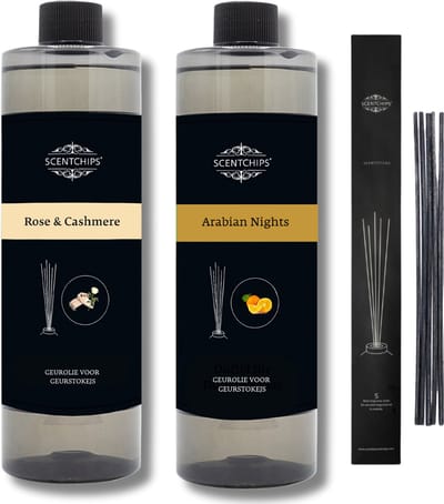 Navulling rose & cashmere + arabian nights + geurstokjes - Geurstokjes Navulling Set van 2 + 5 Geurstokjes - Geurverspreider - Luchtverfrisser - Huisparfum - 400ml x 2