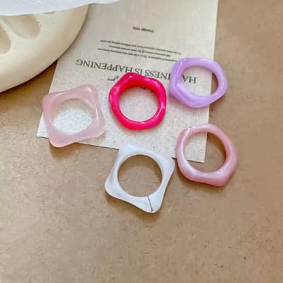 5 Pièces/Ensemble d'Anneaux Géométriques Colorés Nouveaux et Créatifs d'Été, Bijoux à la Mode Quotidienne pour Fête pour Femmes, Cadeaux resizable