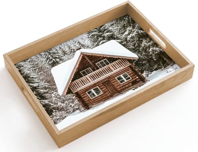 Dienblad hout 40x30 cm - Schootdienblad - Huis - Bos - Winter - Natuur - Sneeuw - Borrelplank rechthoek - Plateau dienbladen