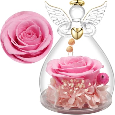 Eeuwige Roos - Geconserveerde Bloemen - Cadeau Geven - Glazen Engel Figuur - 7x7x10.5 cm - Roze