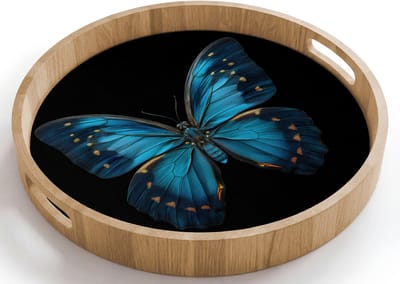 Dienblad rond 40x40 cm - Schootdienblad hout - Vlinder - Blauw - Contrast - Borrelplank rechthoek - Plateau houten dienbladen