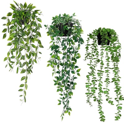3 stuks hangplanten met potten, kunstmatige hangplanten, kunstplant eucalyptus bladeren in pot, kunstplanten zoals echt, hangplanten potplant kunstmatig voor huistuin decoratie