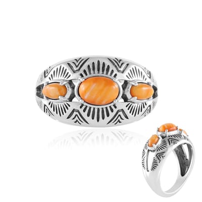 Cavill - Zilveren ring 925 Sterling Geoxideerd - 1,215 ct Oranje Stekelige Oester Ovaal Cabochon - Boho Chic Mexicaans Filigraan Design