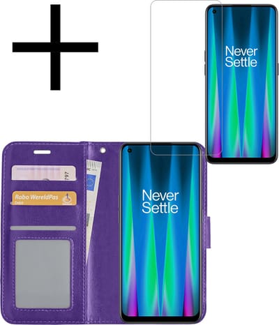 Hoesje - Met Screenprotector - Geschikt voor OnePlus Nord CE 2 - Luxe Pasjeshouder - Bookcase Portemonee - Flip Case - Kunstleer Book Case - Flipcase - Book Cover - Walletcase - Portemonneehoes - Paars