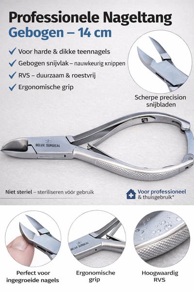 Belux Surgical Instruments / Professionele Nageltang Gebogen – Voor Harde & Ingegroeide Teennagels – RVS – 14 cm – Ergonomisch Handvat