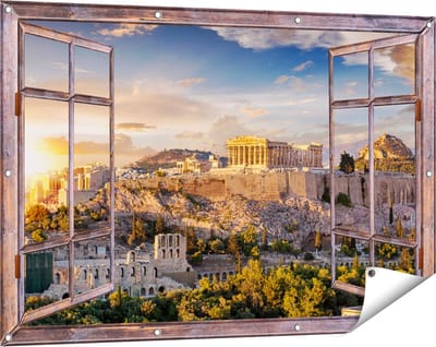 Gards Tuinposter Doorkijk Akropolis van Athene, Griekenland - Architectuur - 120x80 cm - Tuindoek - Tuindecoratie - Wanddecoratie buiten - Tuinschilderij