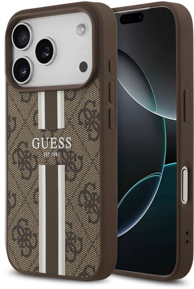 Hoesje geschikt voor Apple iPhone 17 Pro - Guess 4G Printed Stripes Hard Case Back Cover - Geschikt voor MagSafe - Bruin