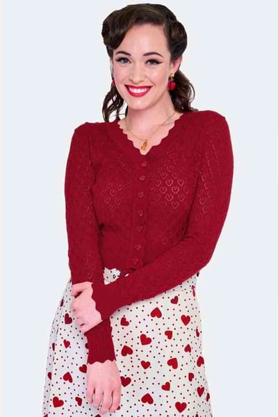 Voodoo Vixen - Scalloped Edge Heart Knit Cardigan - L - Rood