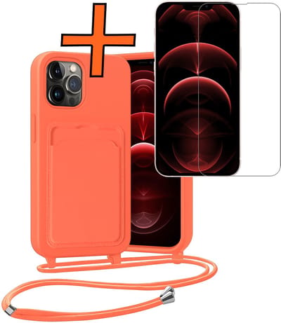 Hoesje Geschikt voor iPhone 13 Pro Hoesje Met Telefoonketting Pasjeshouder Case Met Screenprotector Koord - Hoesje Geschikt voor iPhone 13 Pro Hoes Met Kaarthouder - Papaya