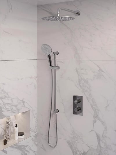 Brauer Chrome Edition thermostatische inbouw regendouche 3-weg omstelling SET 46 met 30 cm douchekop en gebogen muurarm en 3-standen handdouche en doucheslang en geïntegreerde glijstang chroom