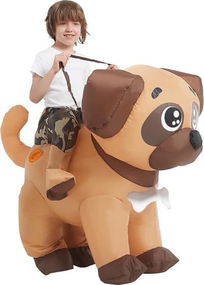 KIMU® Opblaas Kostuum Kinderen Zittend Op Hond - Maat 104 110 116 122 128 134 140 - Opblaasbaar Pak - Hondenpak Mascotte Opblaaspak - Opblaasbare Puppy Bruin Jongen Meisje Festival