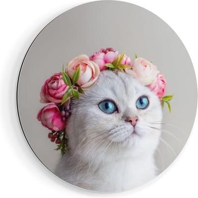 Artaza Dibond Muurcirkel Kat Met Een Bloemen Kroon  - Ø 90 cm - Groot - Wandcirkel - Rond Schilderij - Voor Binnen en Buiten