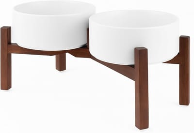 Keramische Hondenvoerbak - Verhoogde Voerbak - Comfortabel Eten - Acaciahouten Standaard - 1250 ml - Wit