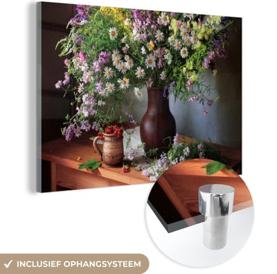 MuchoWow® Glasschilderij 120x80 cm - Schilderij acrylglas - Bloemen - Tafel - Stilleven - Boeket - Vaas - Foto op glas - Muurdecoratie woonkamer - Wanddecoratie slaapkamer - Schilderijen