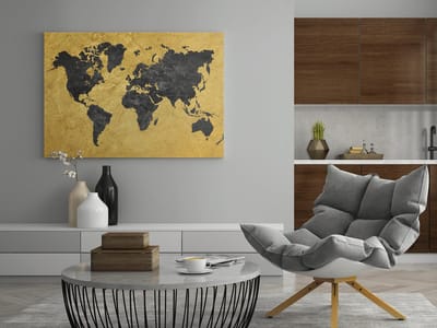 Canvas Schilderij - Wereldkaart - Goud en Zwart - 60x40x2 cm