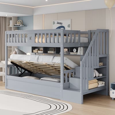 STILVORA Houten Hoogslaper 90x200cm – Hydraulische Onderbed-Opbergruimte – Trap Met Opbergvakken & Regalen – Zonder matras – Grijs
