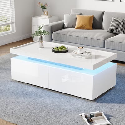 DESMIU Salontafel - Hoogglans Met Ledverlichting En 2 Laden - Voor Woonkamer En Filmavonden - Spaanplaat - 95 X 45 X 35 Cm - Wit