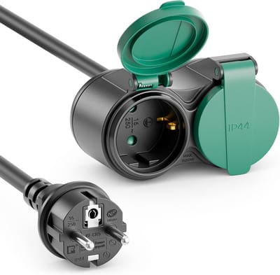 3,0m Outdoor Verlengkabel Stroomkabel IP44 (H07RN-F 3G1.5mm²) Stroom Verlenging Weerbestendige Rubberkabel voor Buitengebruik - Beschermcontact Stekker naar 2x Bus - Zwart