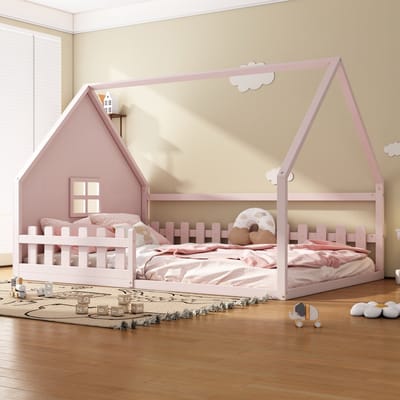 Wishdor – Kinderbed 140x200 cm – Huisframe met Bedhek – Veilig & Speels – Grenenhout & MDF – Roze