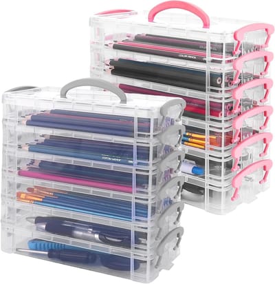 Set van 12 Stapelbare Pennendozen met Snap-Close Deksel voor Kantoorbenodigdheden en Kleine Onderdelen, 21.5 x 10 x 20.5 cm
