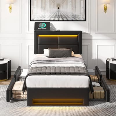 Eenpersoonsbed 90x200 cm met opbergruimte, USB en LED verlichting, gestoffeerd bedframe