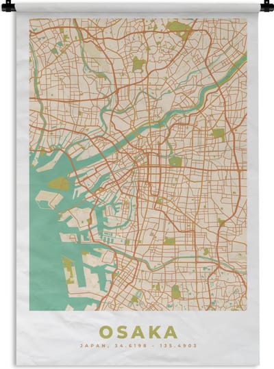 Wandkleed - Wanddoek - Osaka - Stadskaart - Vintage - Plattegrond - Kaart - 120x180 cm - Wandtapijt