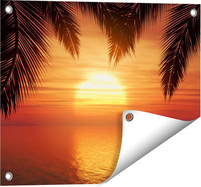 Gards Tuinposter Zonsondergang op het Strand met Palmbomen - 50x40 cm - Tuindoek - Tuindecoratie - Wanddecoratie buiten - Tuinschilderij