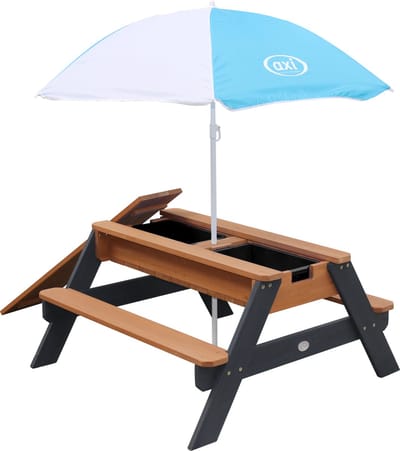 AXI Nick Zand & Water Picknicktafel in Antraciet/Bruin - Parasol Blauw/Wit - Picknick tafel voor kinderen van hout