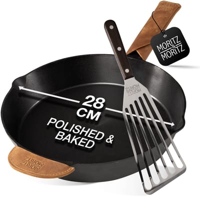 Moritz & Moritz Gietijzeren Pan 28 cm - Inclusief Spatel - Massief Gietijzer - Zwart - Geschikt voor Inductie, Gas, Oven en Grill